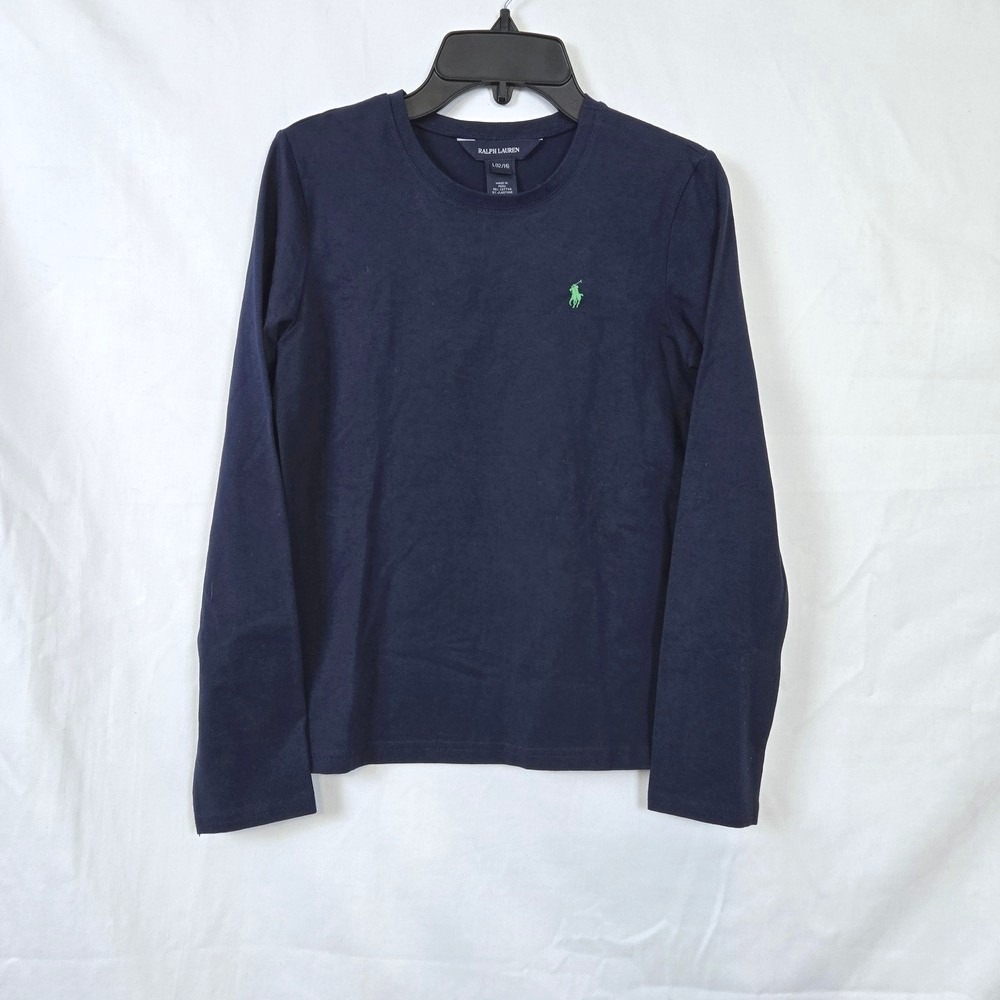 Vtg Ralph Lauren Girls Navy Pony Logo Cotton Long-Sleeve Y2K Tee Large 12/14 NEW